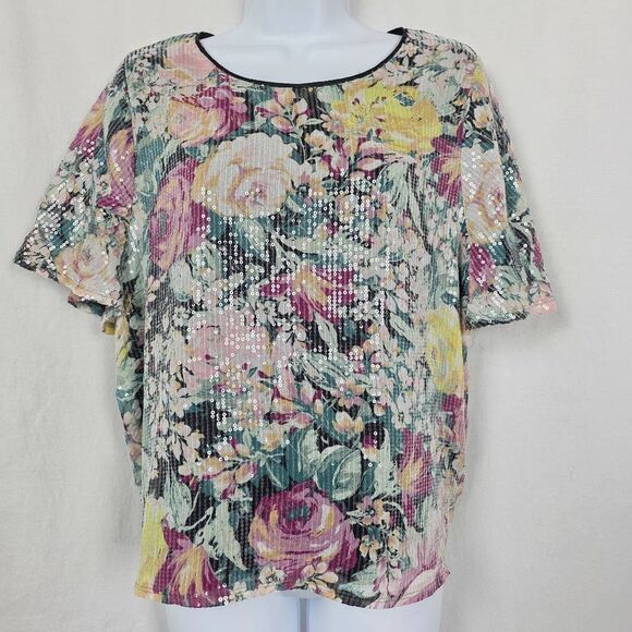 LC Lauren Conrad Sequin Floral Short Sleeve Blouse XL - Picture 1 of 8